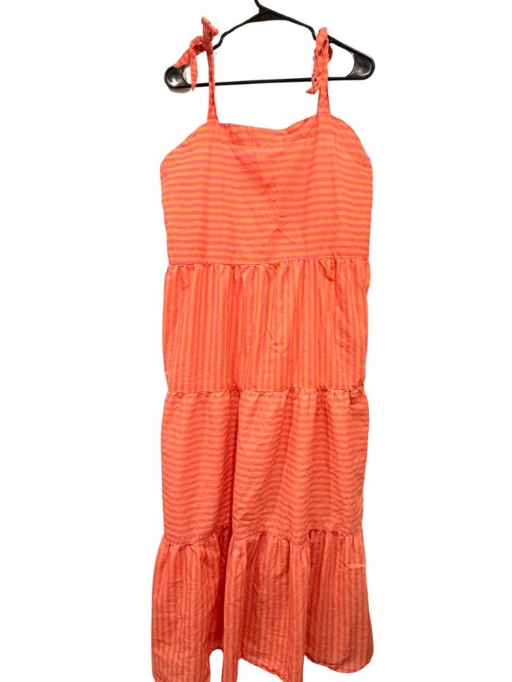 World Market Coral Stripe Tiered Maxi Dress with Tie Straps